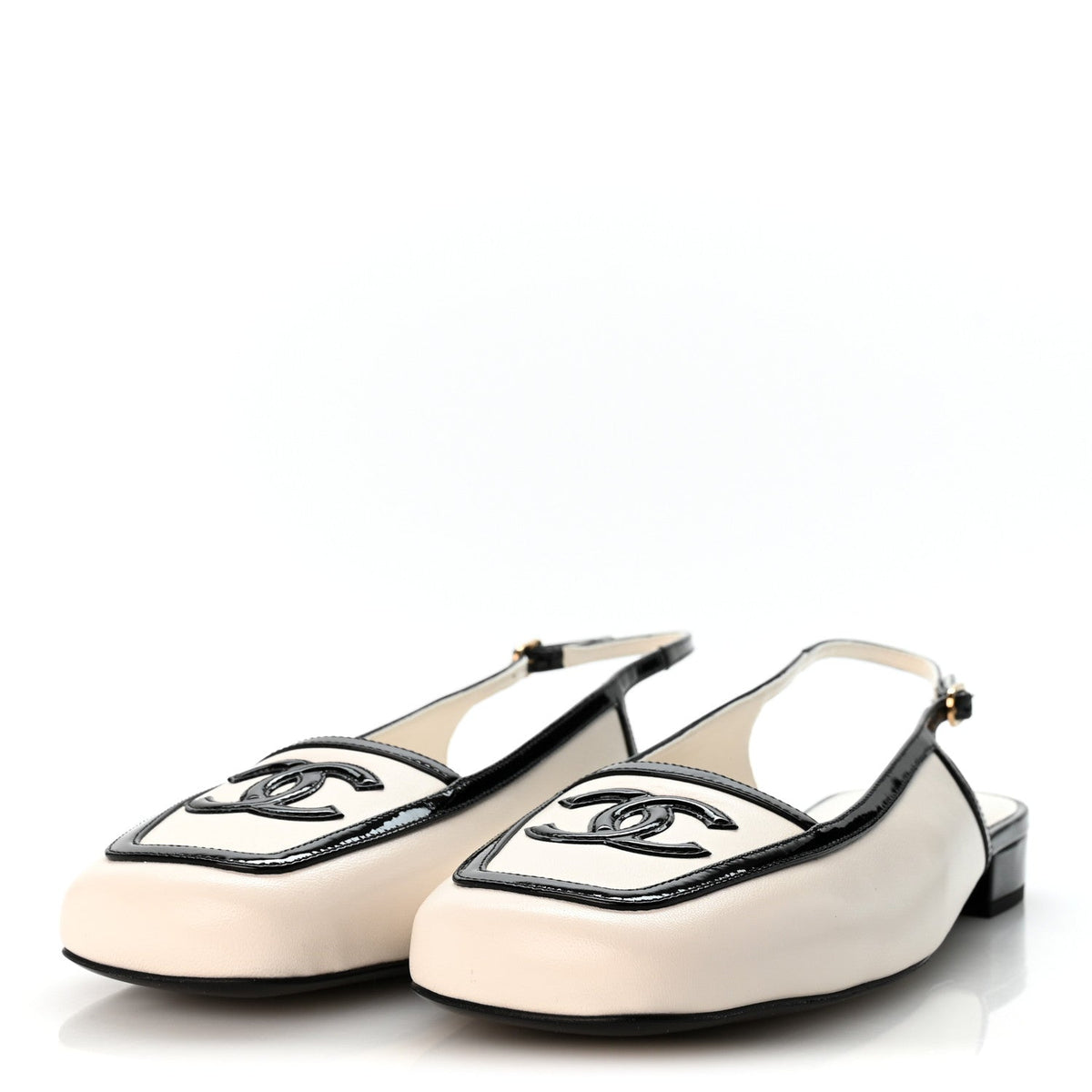 Lambskin Patent Calfskin CC Slingback Flats 40 White Black