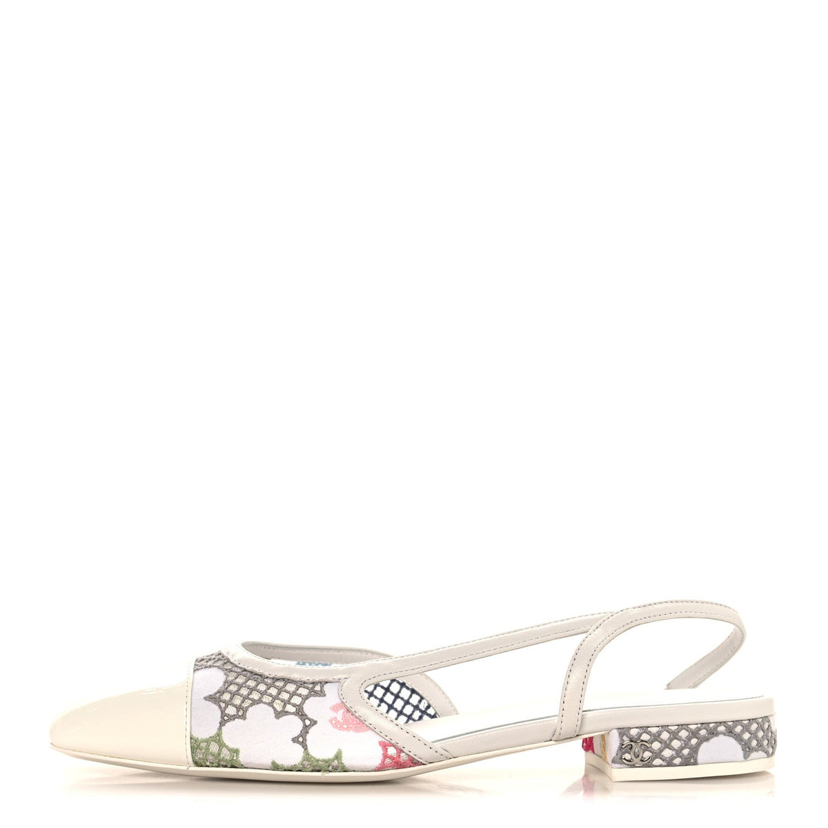 Cotton Guipure Patent Embroidered Floral Cap Toe CC Slingback Flats 37 White Multicolor