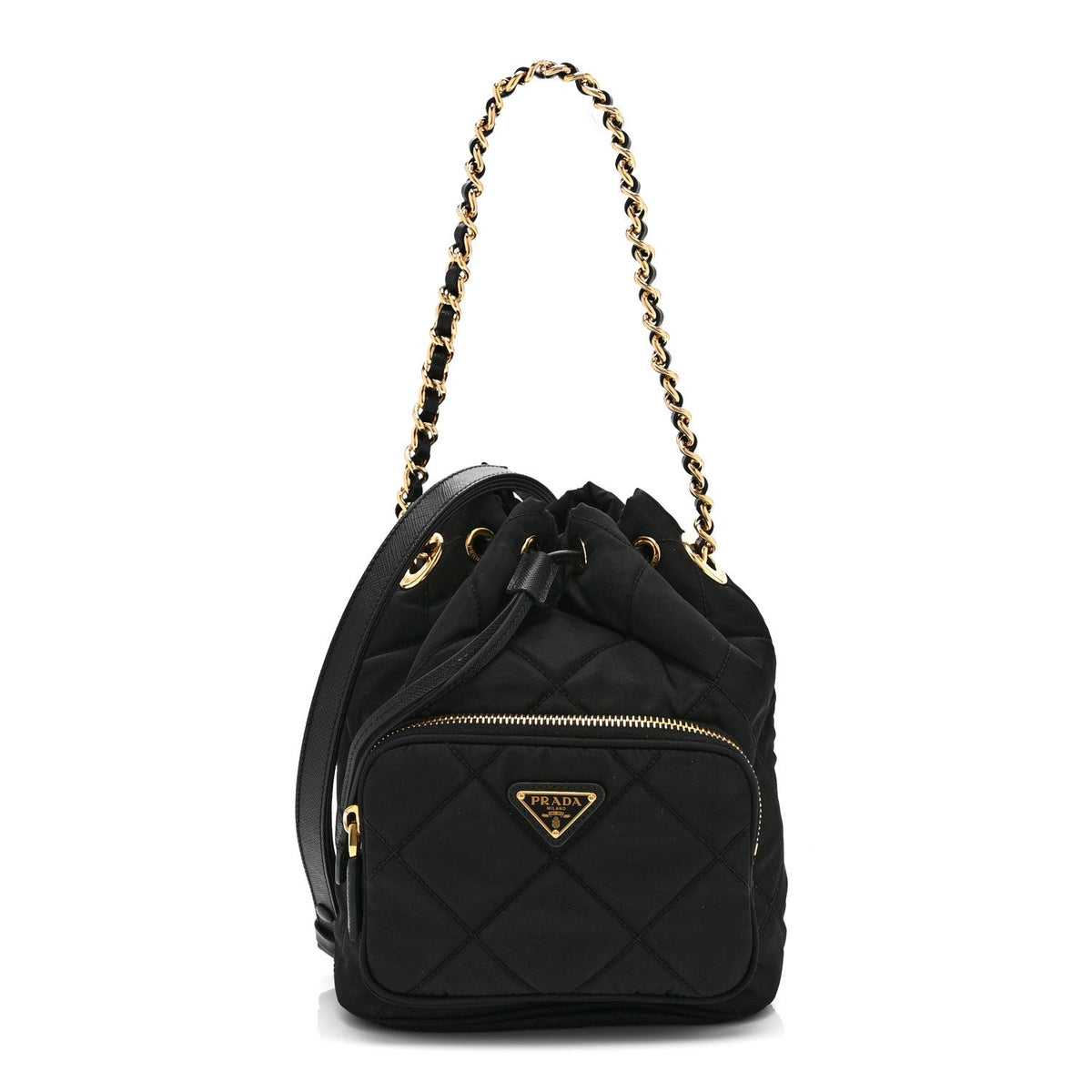Re-Nylon Saffiano Stitched Duet Bucket Bag Black