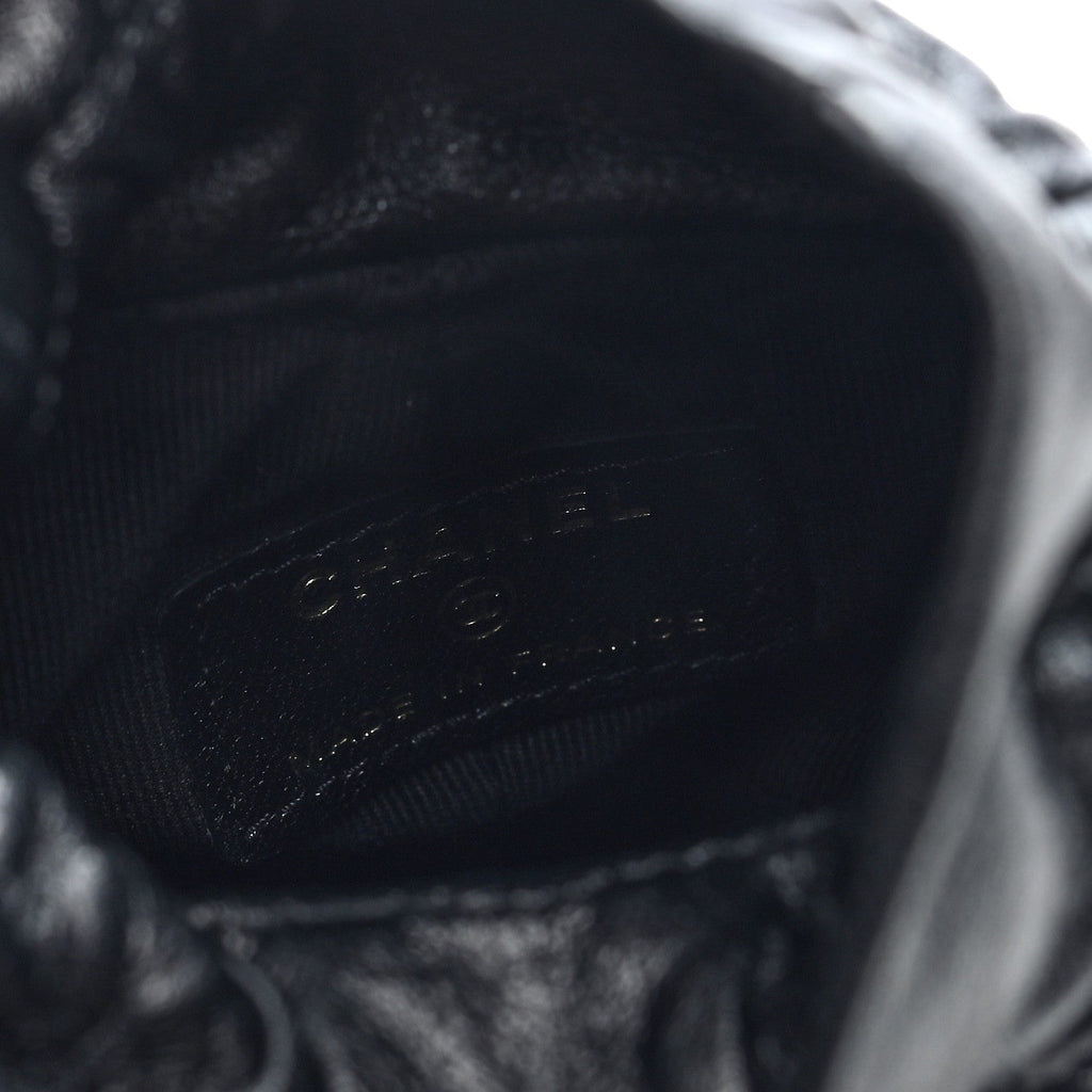 Shiny Lambskin Quilted Mini Drawstring CC Bucket Bag Black