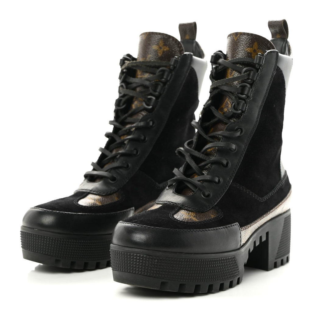 Suede Calfskin Monogram Laureate Platform Desert Boots 36 Black