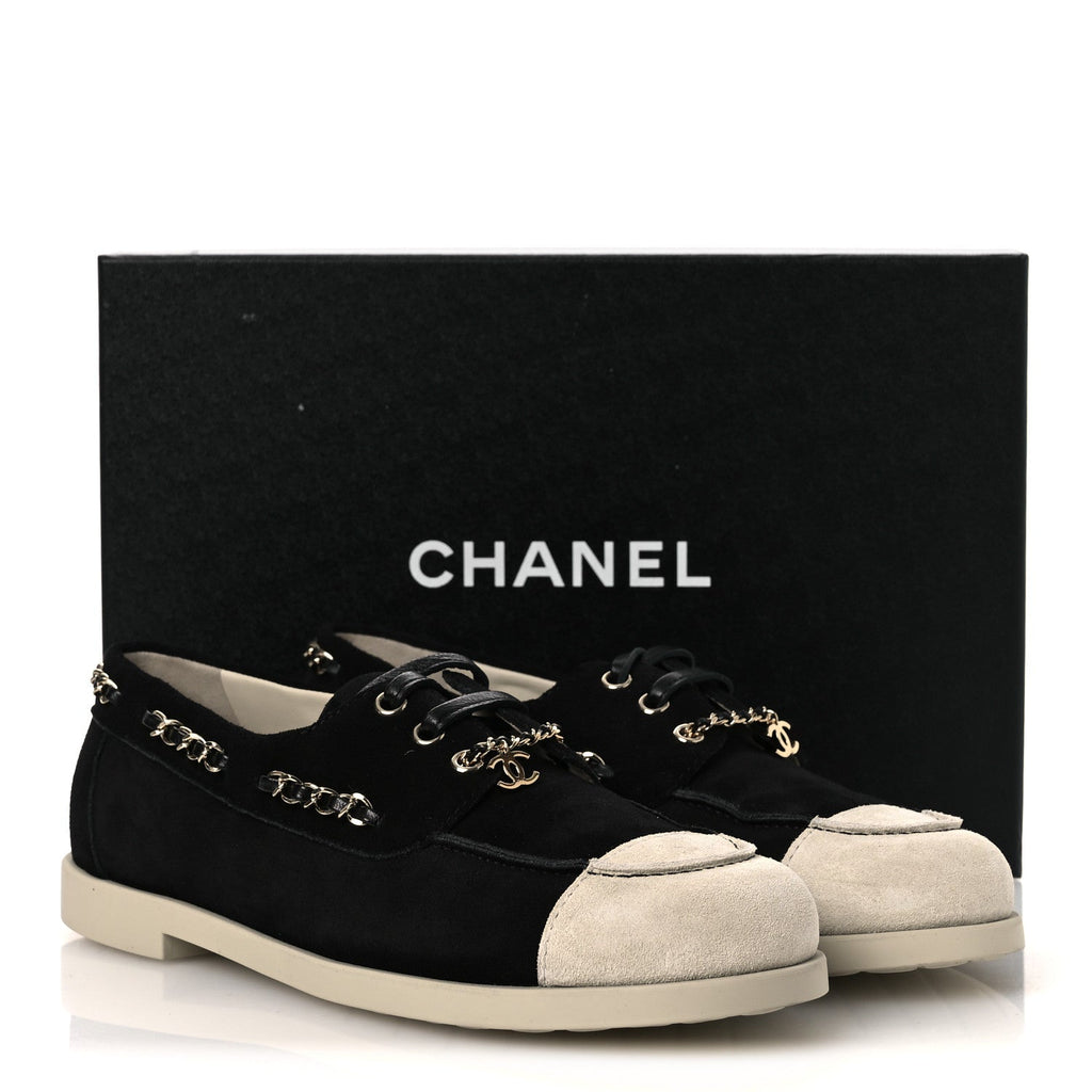 Suede Calfskin CC Chain Loafers 38.5 Black Light Gray