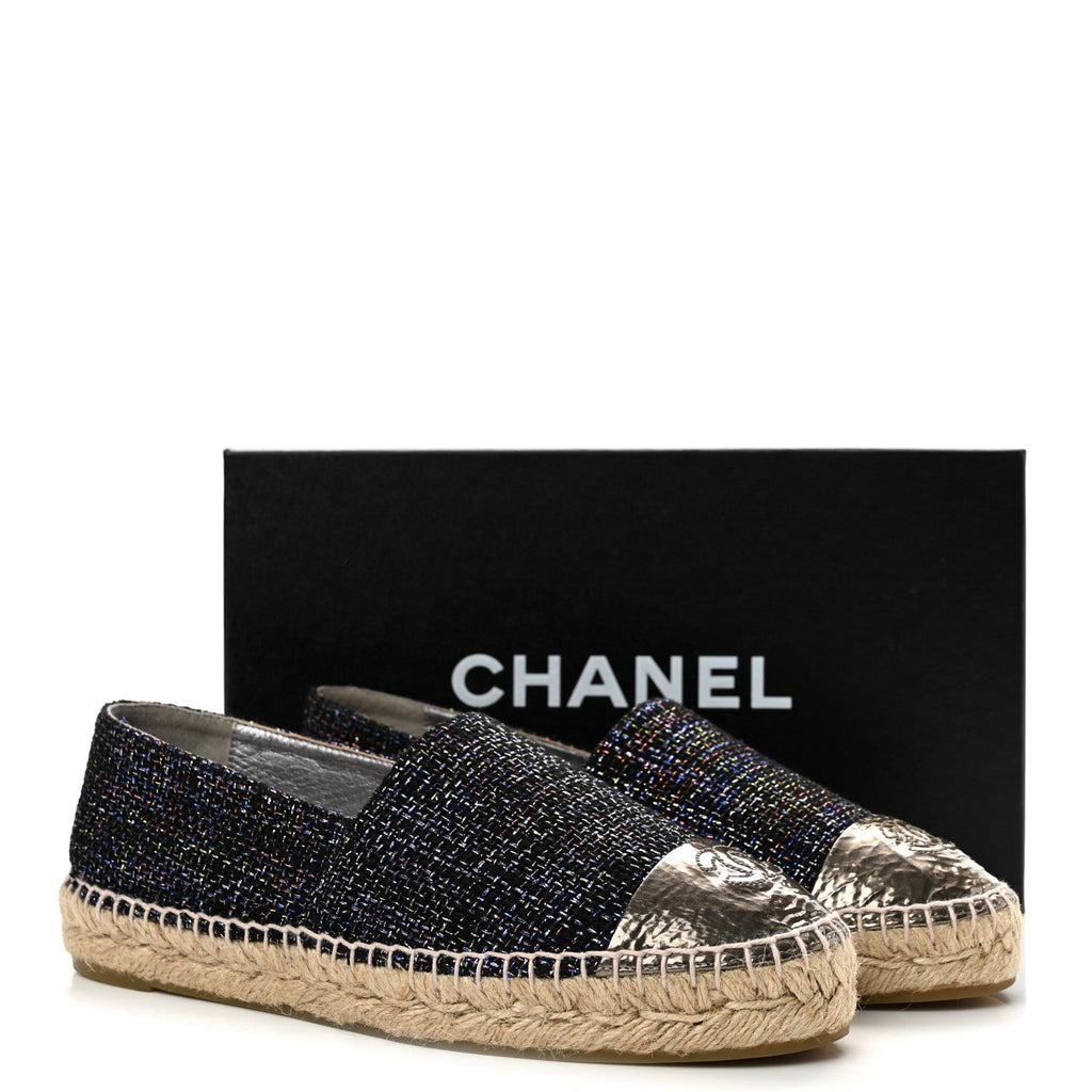 Tweed Patent Goatskin CC Espadrilles 39 Black Pink Yellow