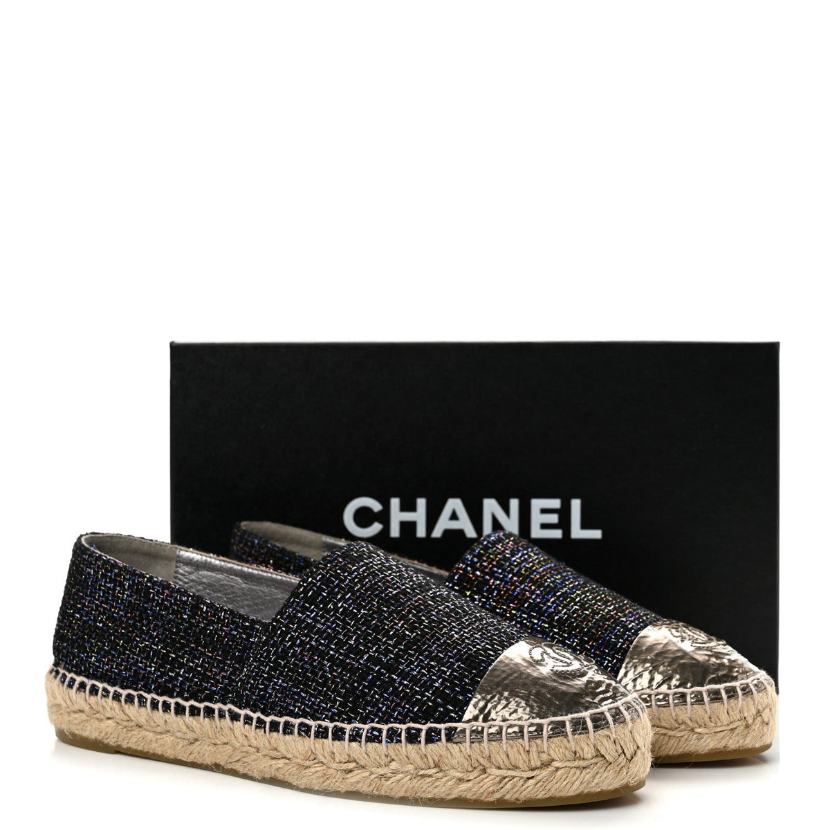 Tweed Patent Goatskin CC Espadrilles 39 Black Pink Yellow