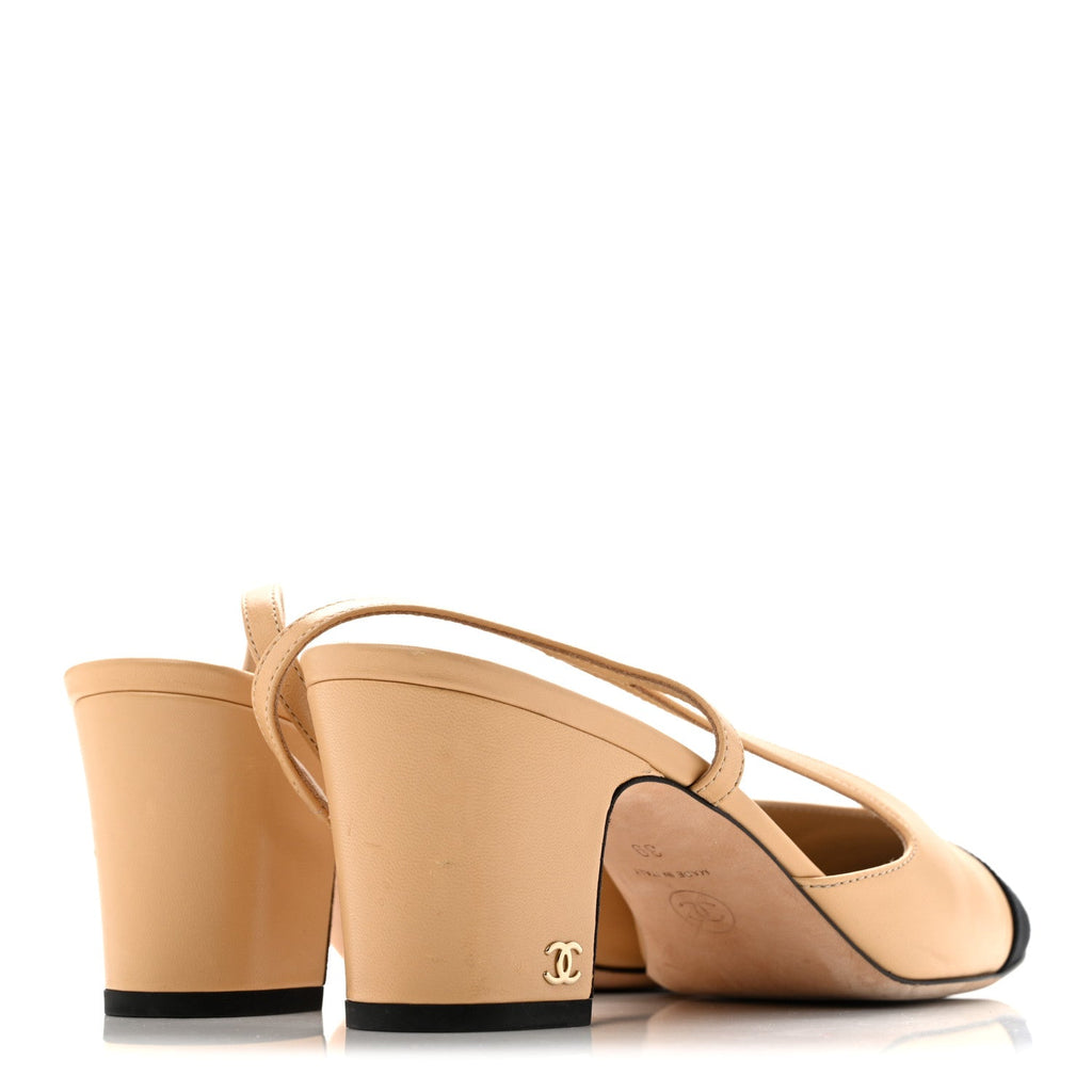 Goatskin Grosgrain Cap Toe CC Slingback Pumps 39 Beige Black