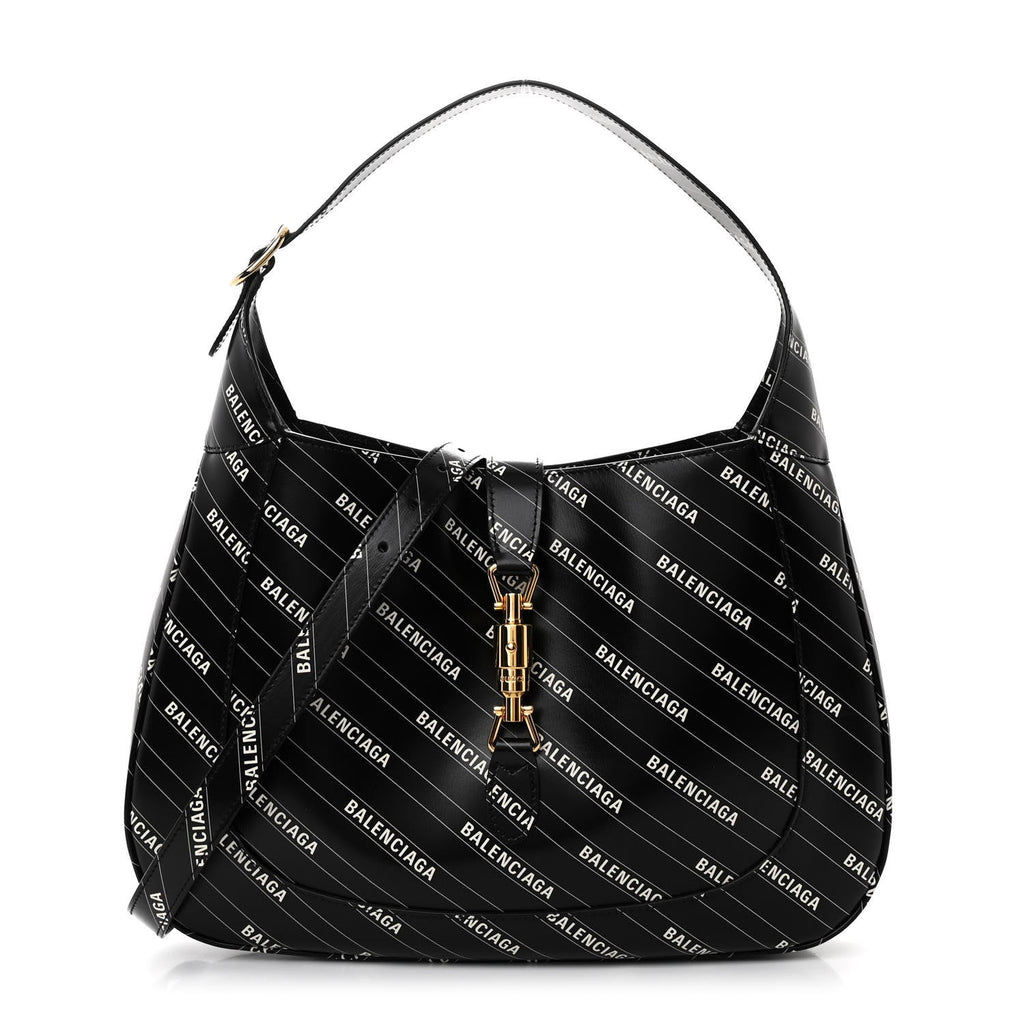 X BALENCIAGA Calfskin Logo Print Medium Jackie 1961 Hobo Black