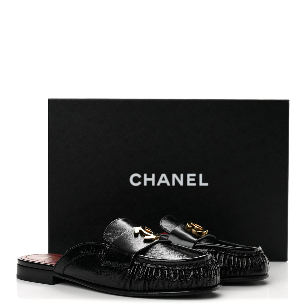 Shiny Crumpled Lambskin CC Mules 36 Black