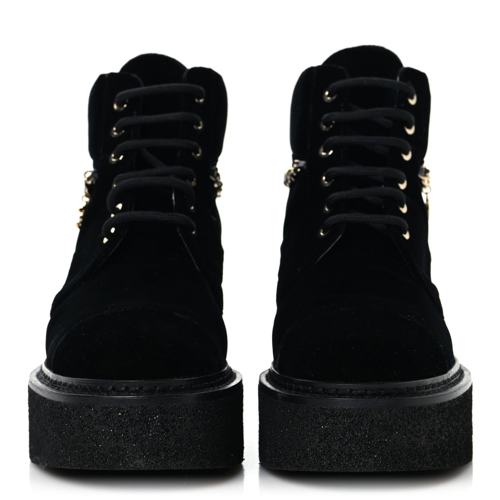 Velvet Chain Lace Up CC Short Boots 37 Black