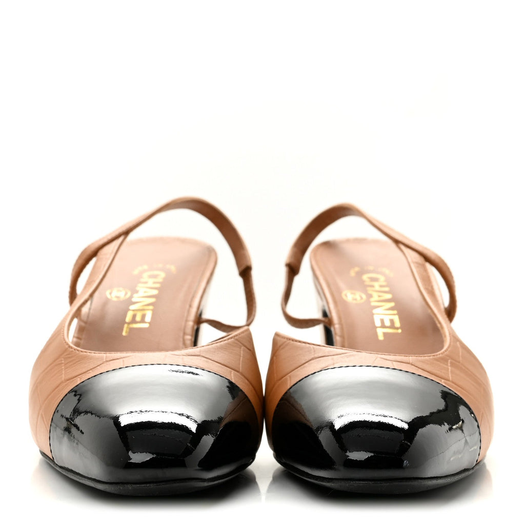 Calfskin Crocodile Embossed Patent Cap Toe CC Slingback Pumps 38.5 Light Brown Black