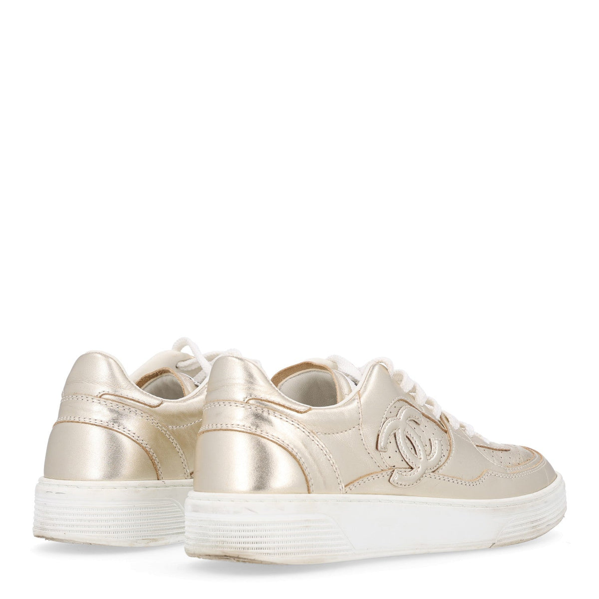 Laminated Calfskin CC Womens Sneakers 38.5 Golden