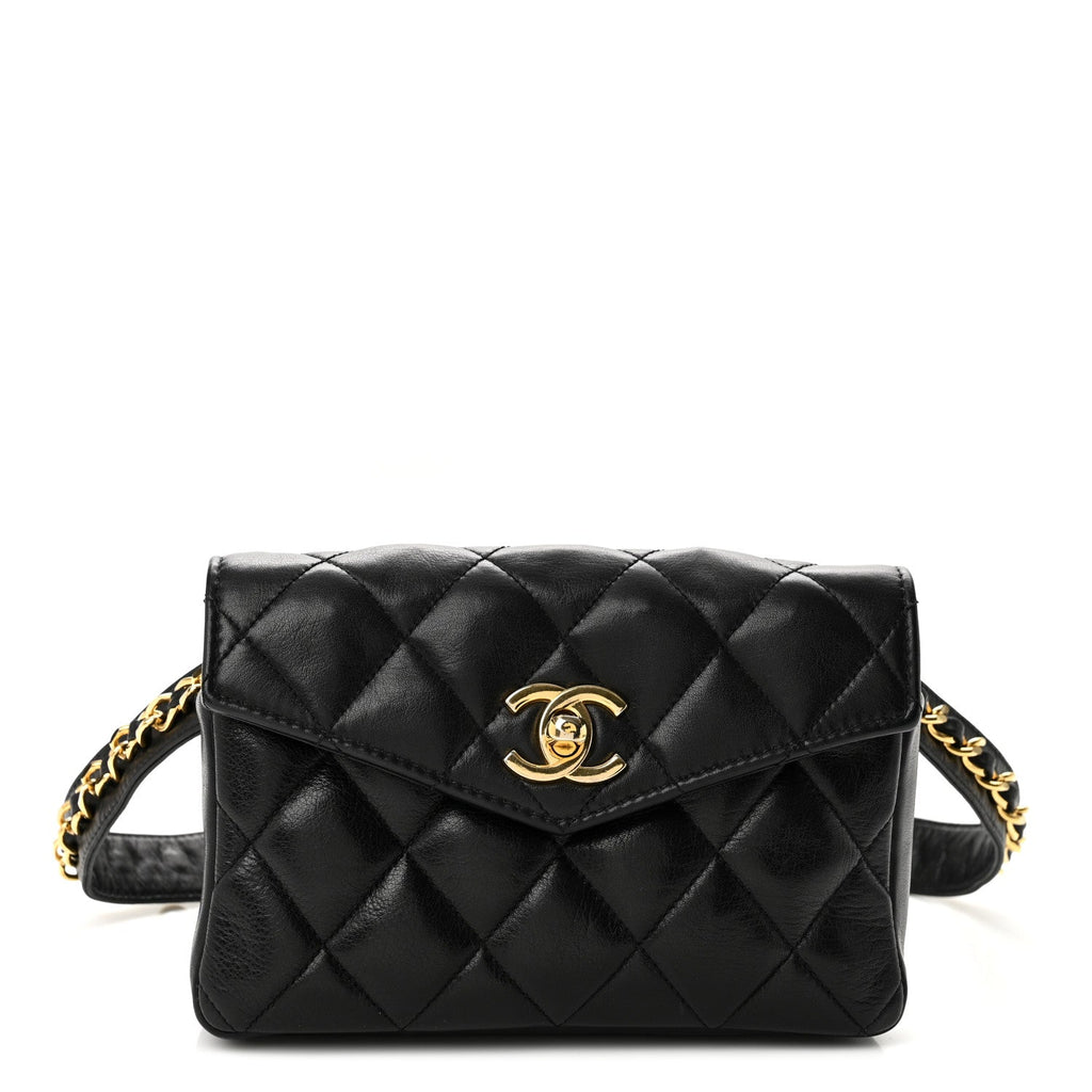 Lambskin Quilted Flap Waist Belt Bag 75 30 Black