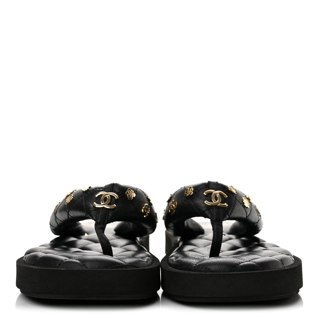 Lambskin Quilted Padded Charms Thong Sandals 38 Black