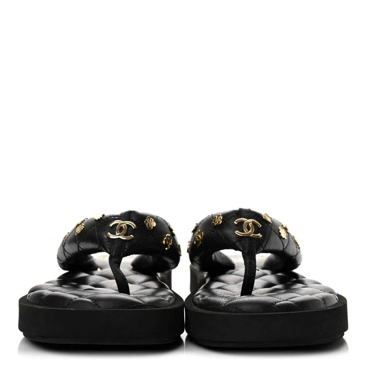 Lambskin Quilted Padded Charms Thong Sandals 38 Black