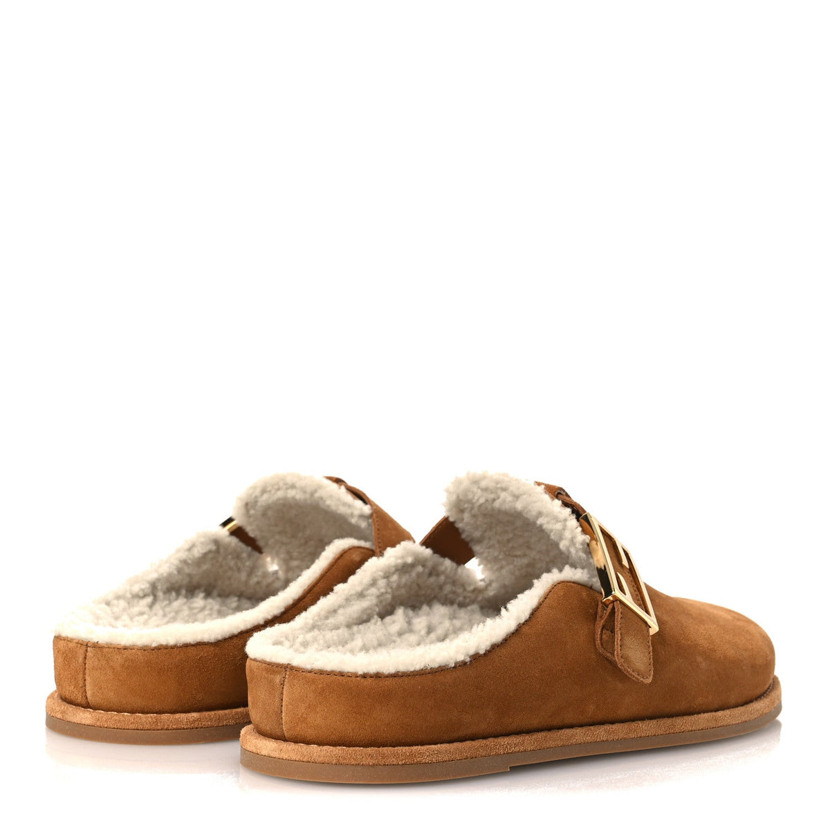 Suede Shearling Fendi Feel Buckled Clogs 41 Caramel Latte