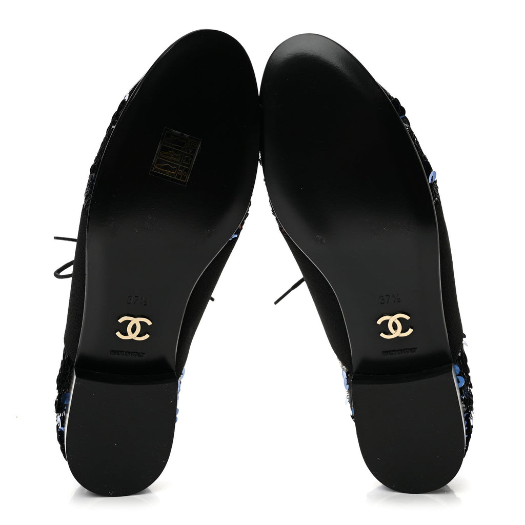 Patent Calfskin Sequin CC Cap Toe Womens Lace Up Oxfords 37.5 Blue Black