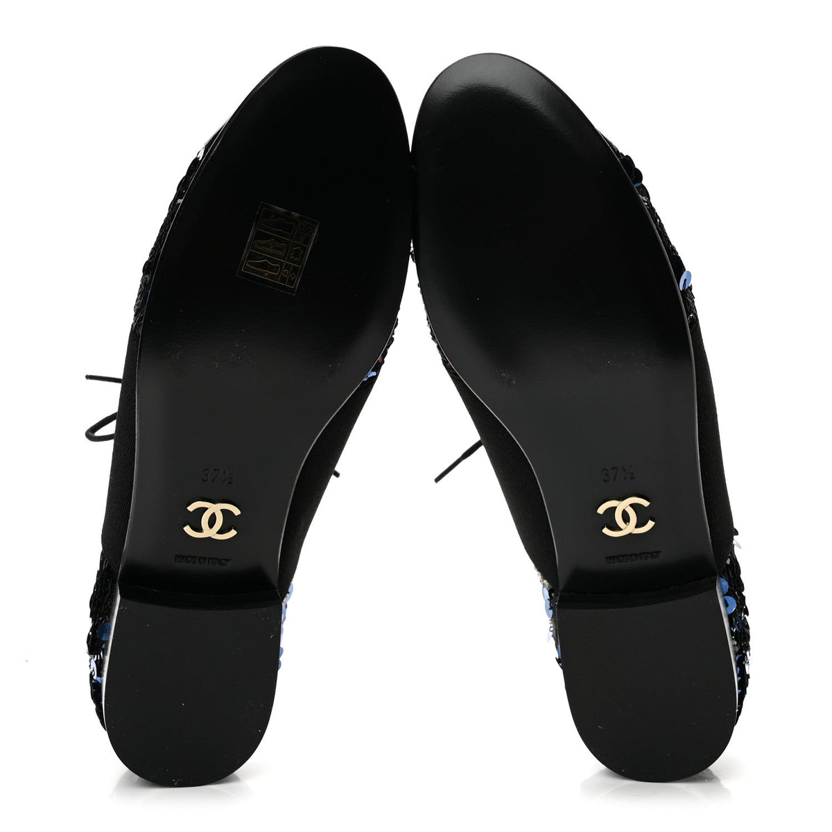 Patent Calfskin Sequin CC Cap Toe Womens Lace Up Oxfords 37.5 Blue Black