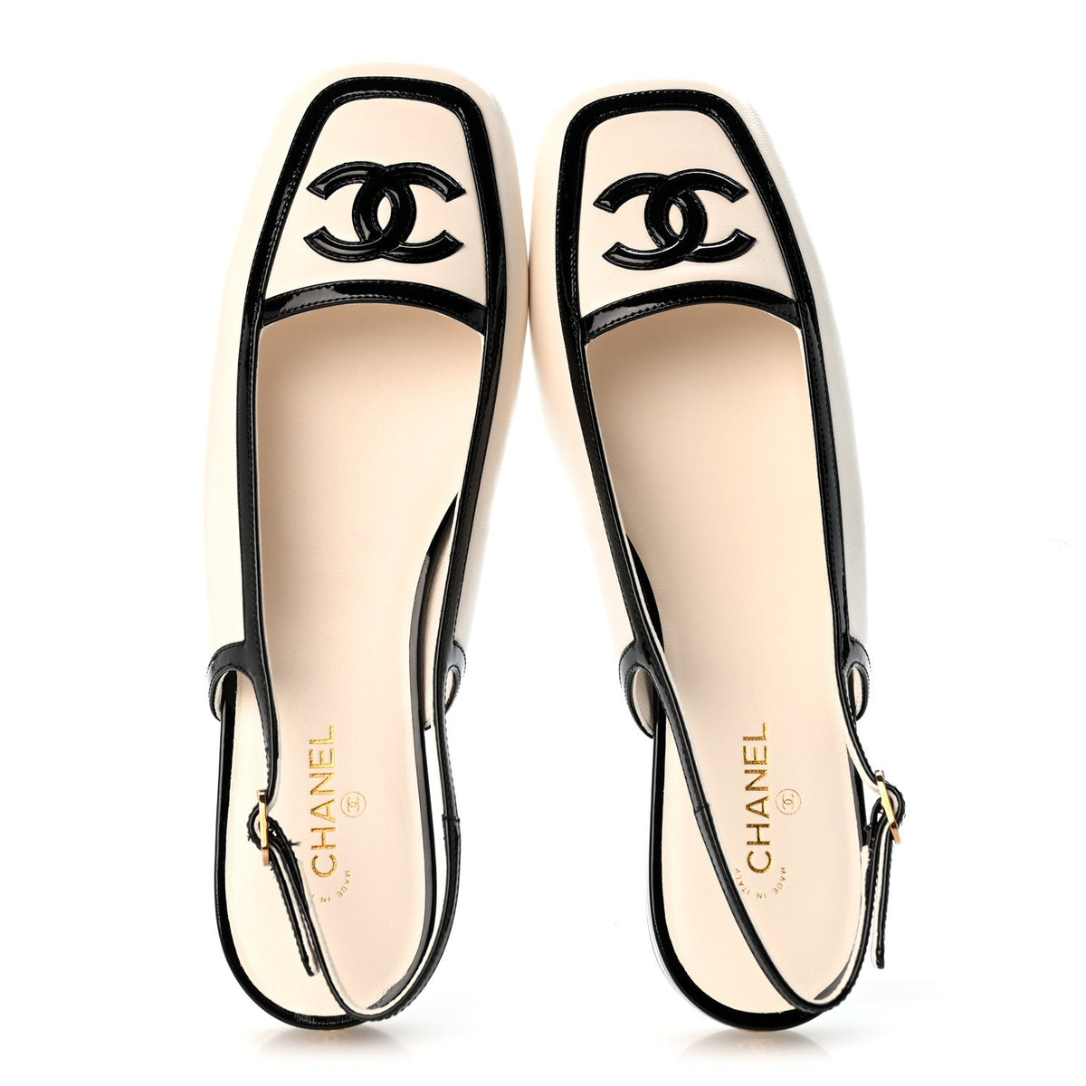 Lambskin Patent Calfskin CC Slingback Flats 40 White Black