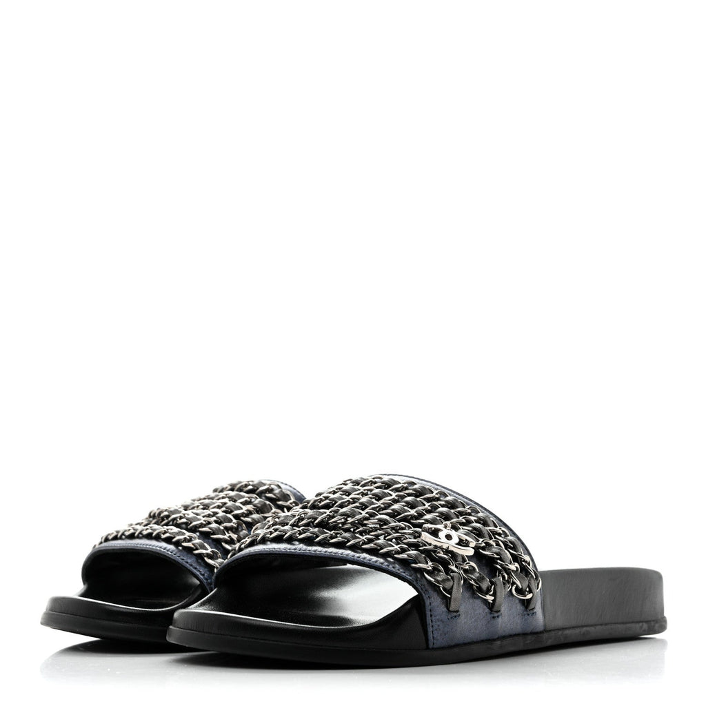 Fantasy Lambskin Chain Slides Sandals Flats 35 Blue