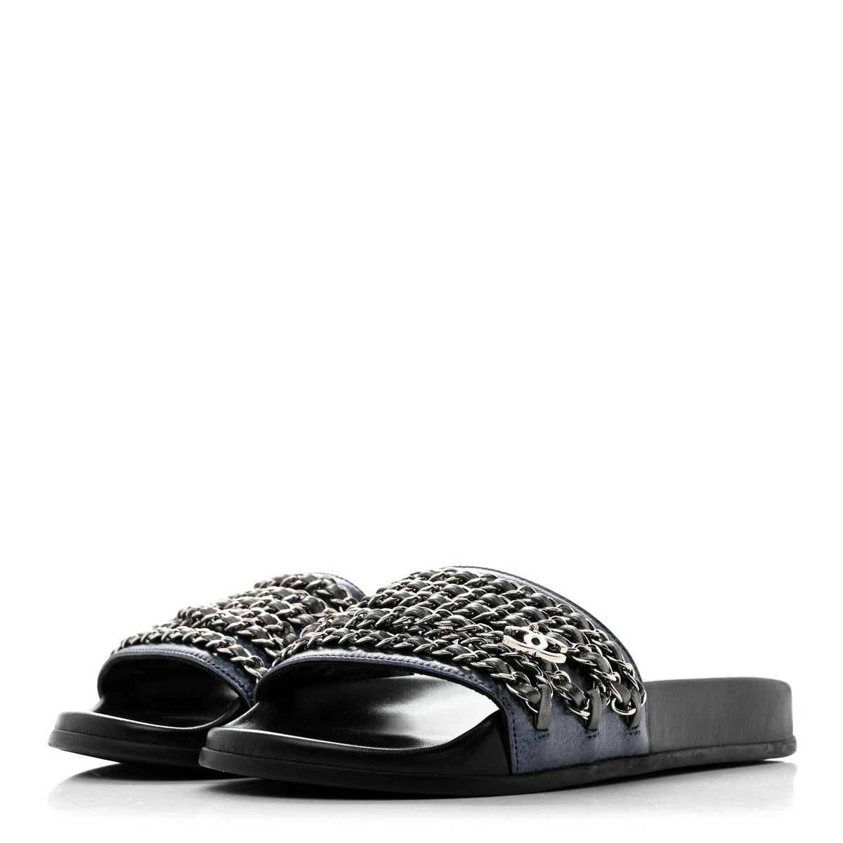 Fantasy Lambskin Chain Slides Sandals Flats 35 Blue