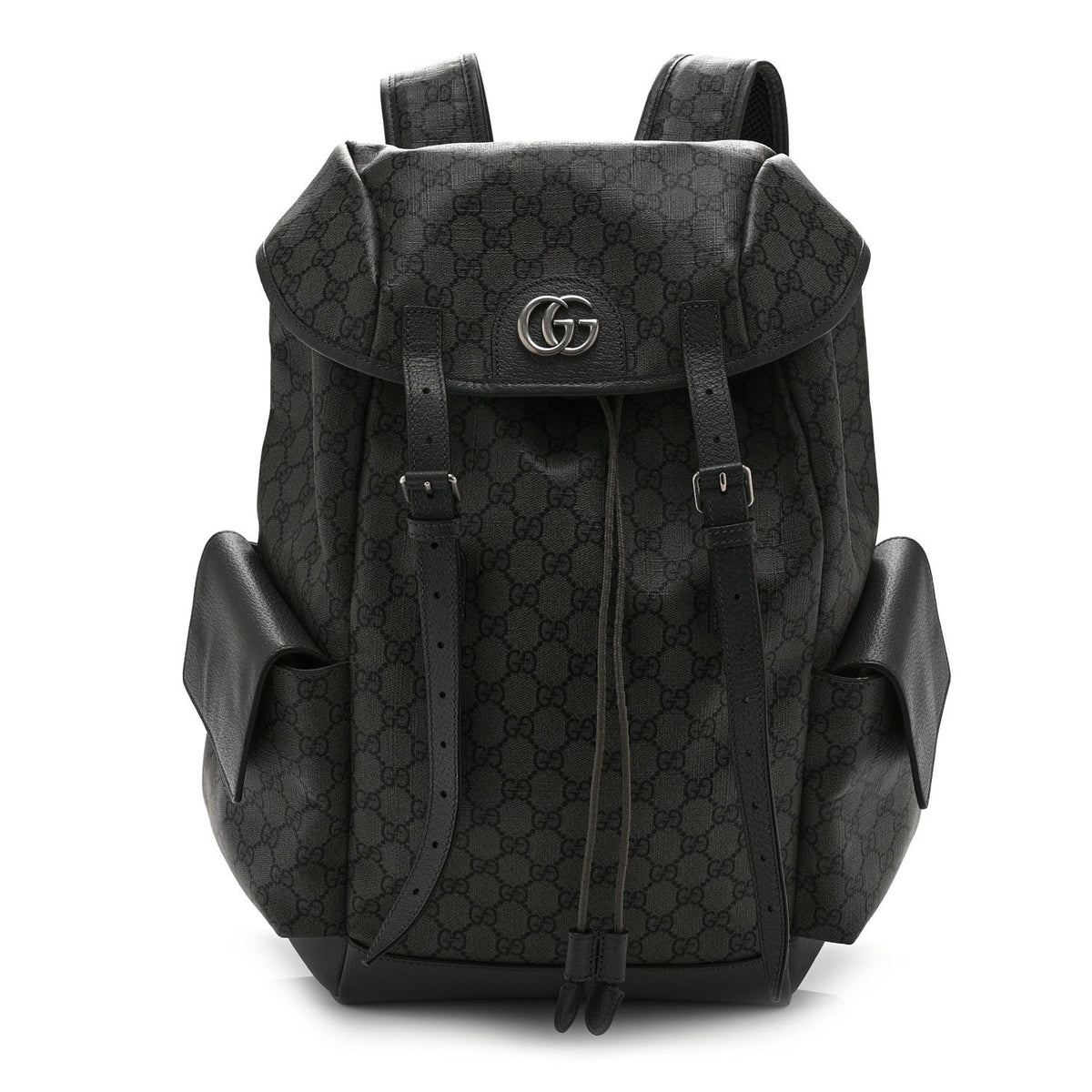 GG Supreme Monogram Textured Dollar Calfskin Medium Ophidia Double Buckle Backpack Grey Black Graphite Grey