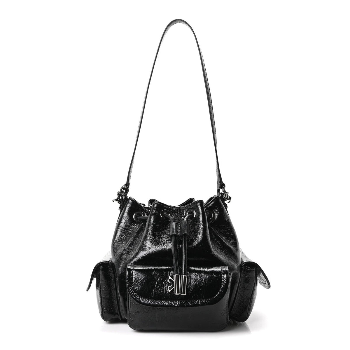 Calfskin Dumbo B Chain Pocket Bucket Bag Black