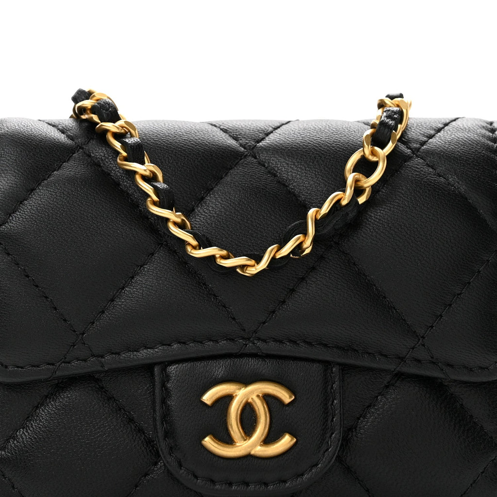Lambskin Coco Enamel Quilted Mini Chain Belt Bag Black
