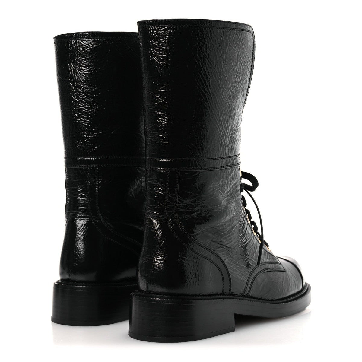 Shiny Calfskin Lace Up Combat Boots 38.5 Black