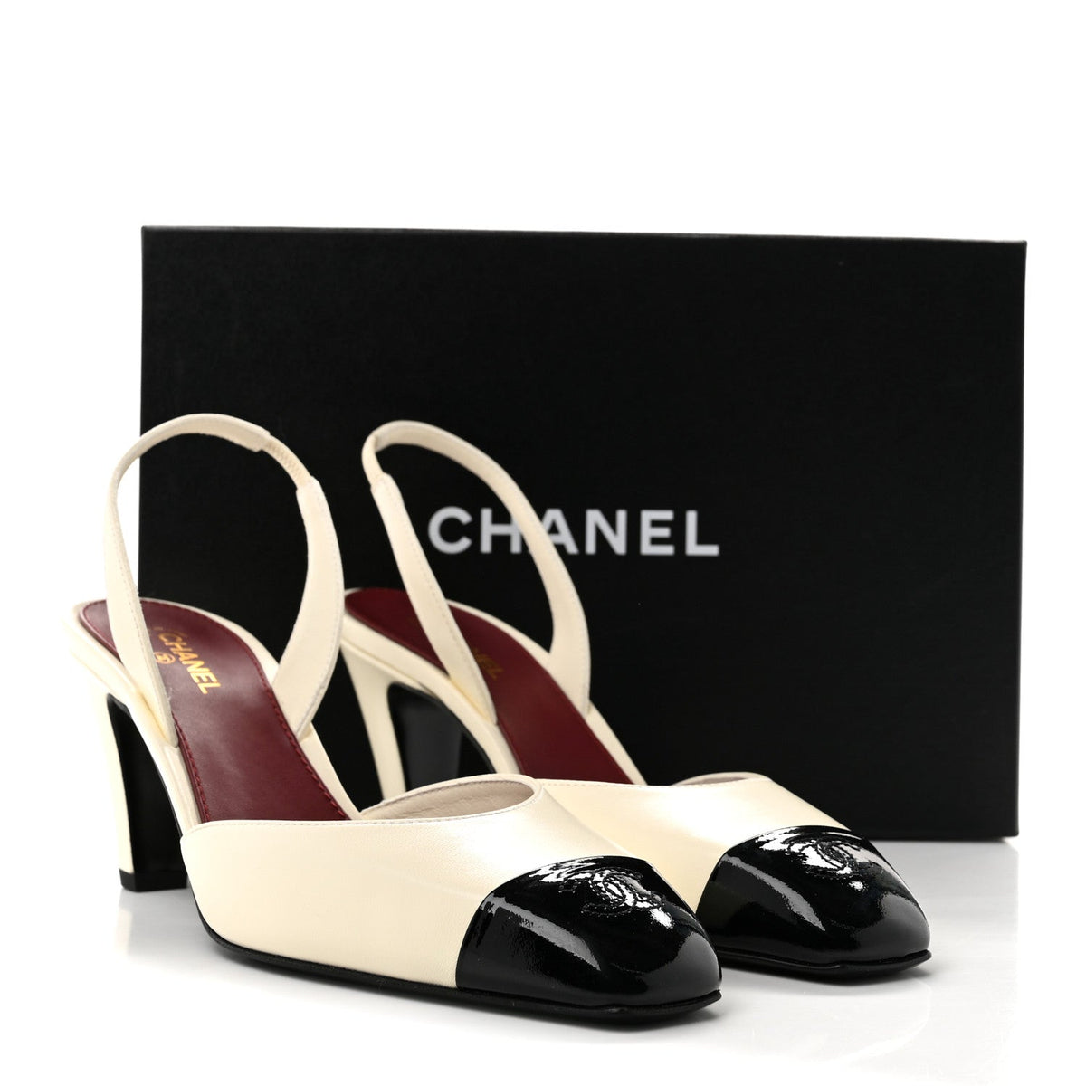 Lambskin Patent Calfskin Cap Toe CC Slingback Pumps 41 Ivory Black