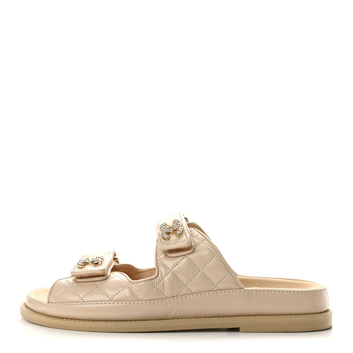Shiny Calfskin Crystal Quilted Velcro Dad CC Slide Sandals 38.5 Beige