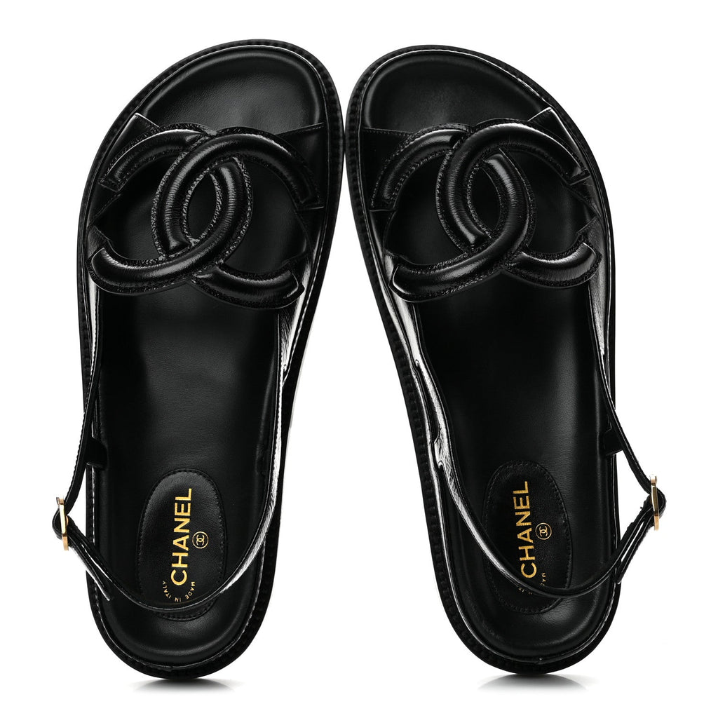 Shiny Crumpled Lambskin CC Cut Out Sandals 37.5 Black