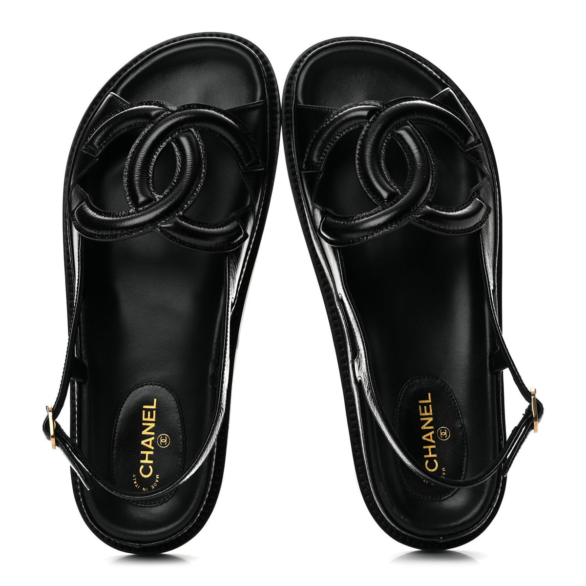 Shiny Crumpled Lambskin CC Cut Out Sandals 37.5 Black