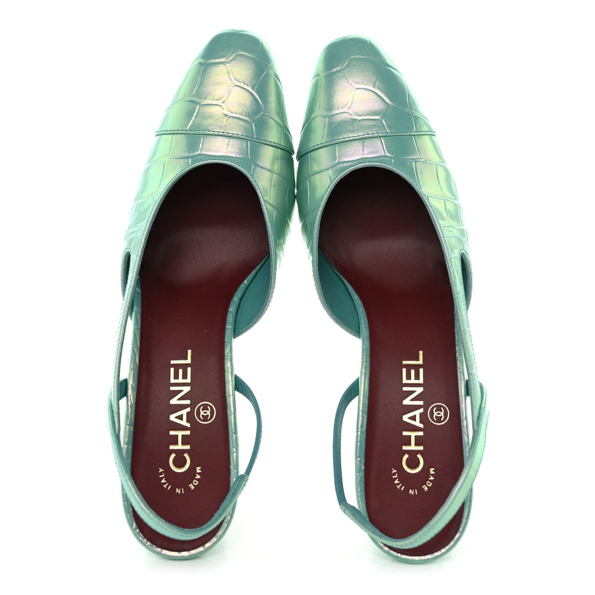 Iridescent Embossed Patent CC Cap Toe CC Slingback Pumps 37.5 Turquoise