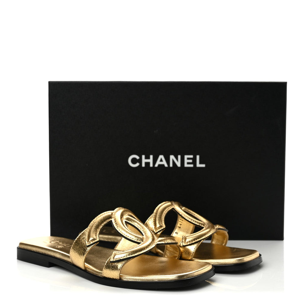 Crackled Laminated Calfskin CC Cut Out Mules Sandals 35.5 Gold