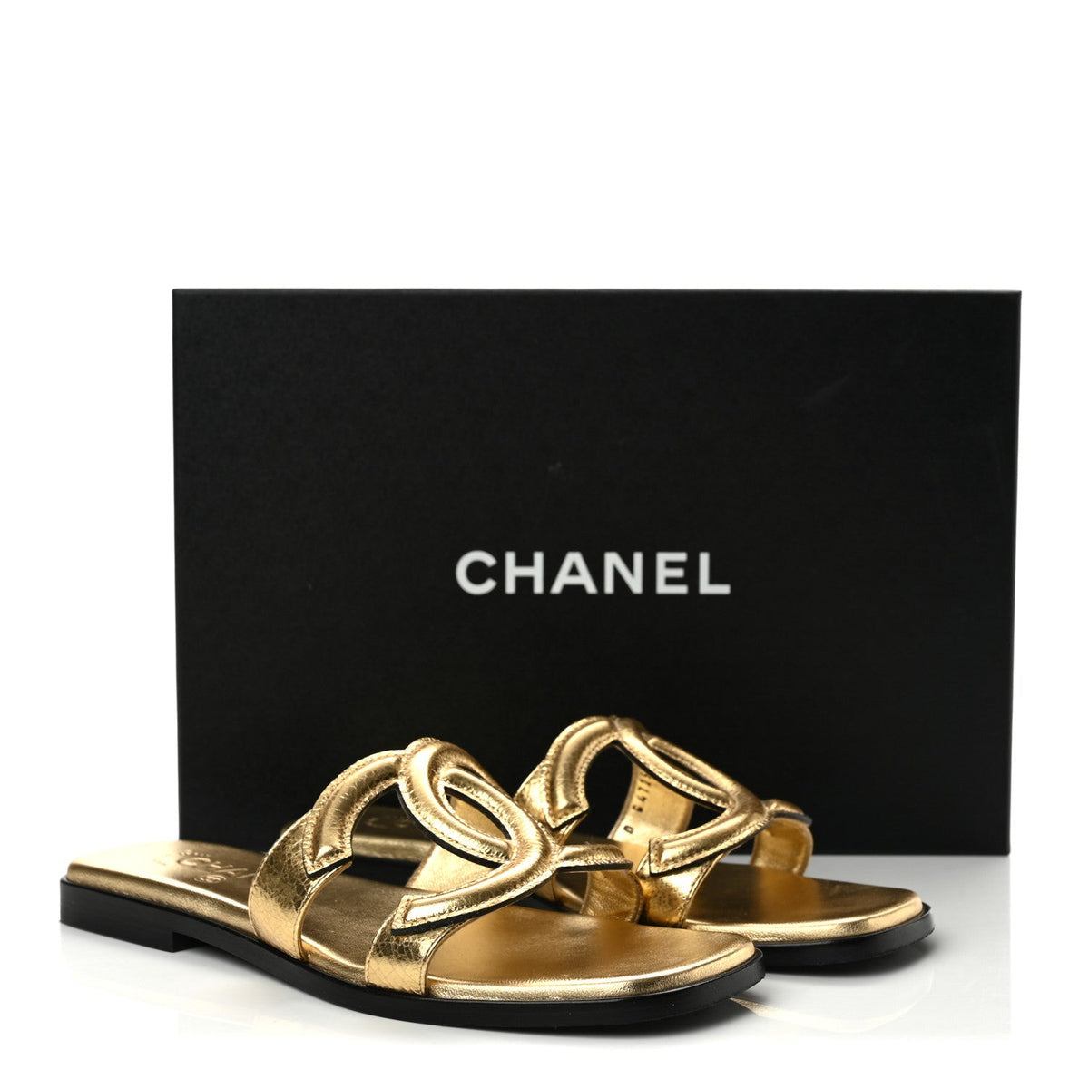 Crackled Laminated Calfskin CC Cut Out Mules Sandals 35.5 Gold