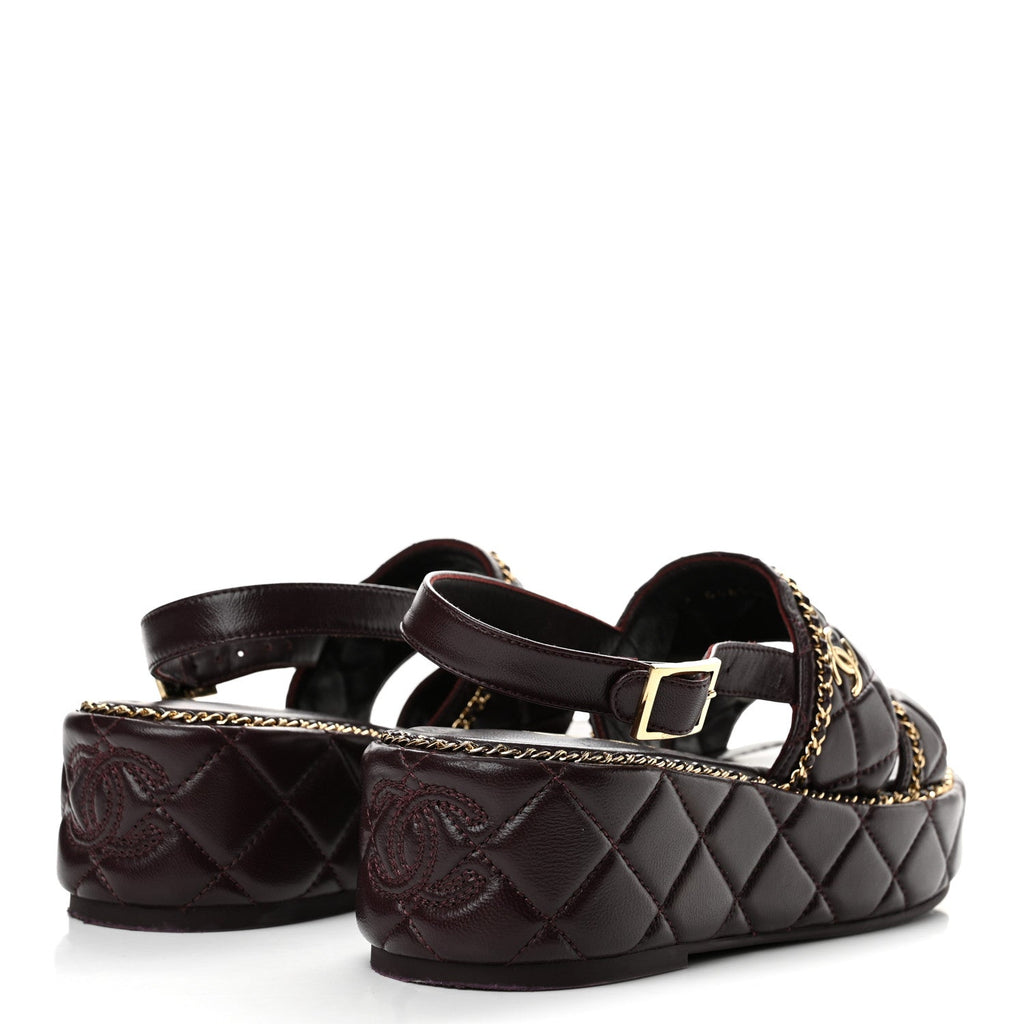 Shiny Lambskin Quilted Chain Around CC Platform Sandals 36 Burgundy