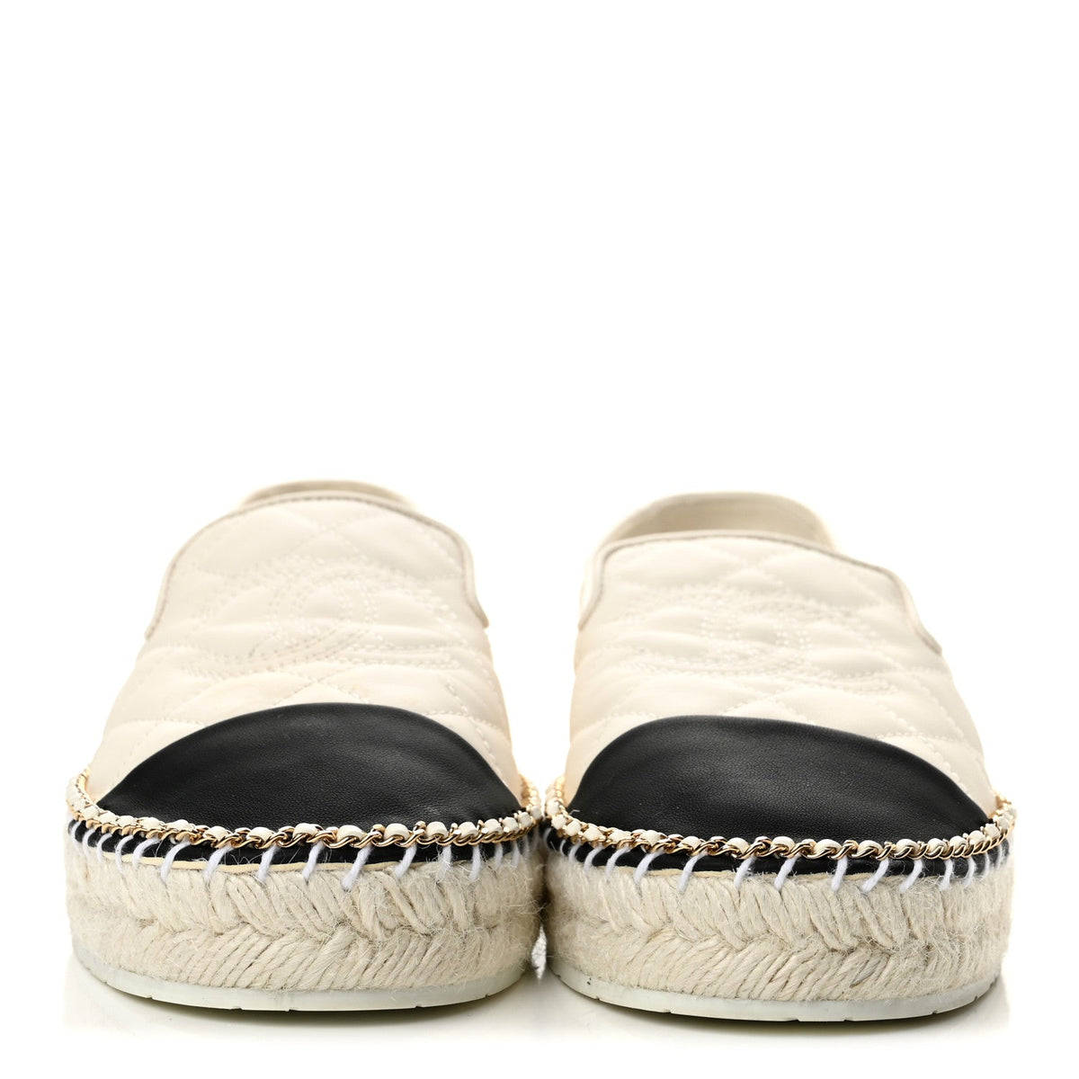 Shiny Lambskin Quilted Grosgrain Cap Toe CC Chain Espadrilles 40 White Black
