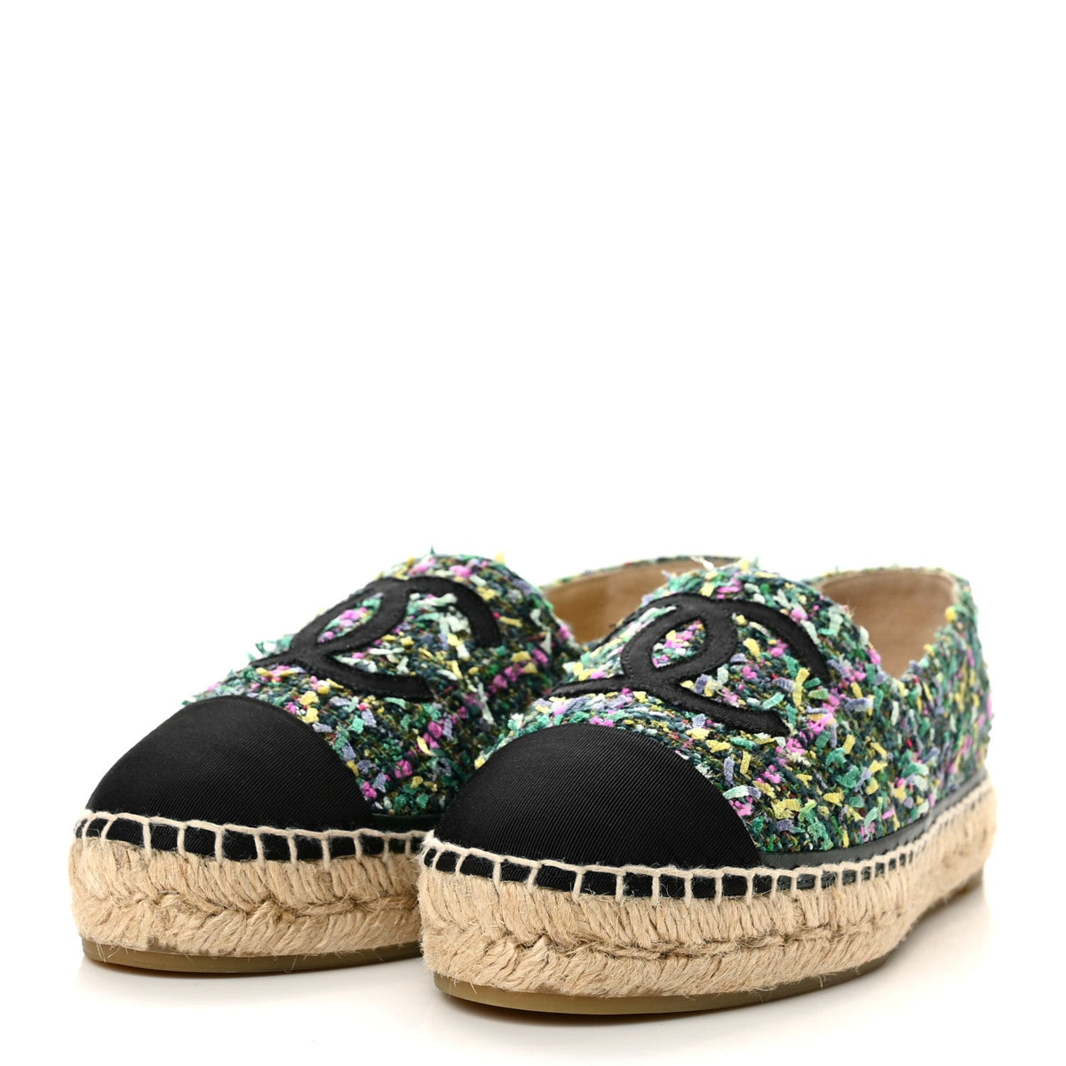 Tweed Grosgrain CC Espadrilles 37 Green Pink Yellow Black