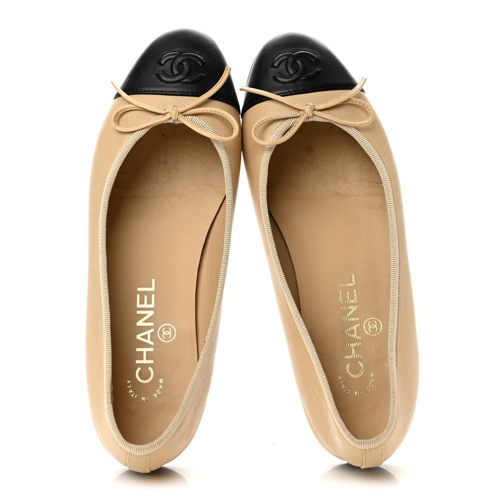 Lambskin Cap Toe CC Ballerina Flats 36 Beige Black