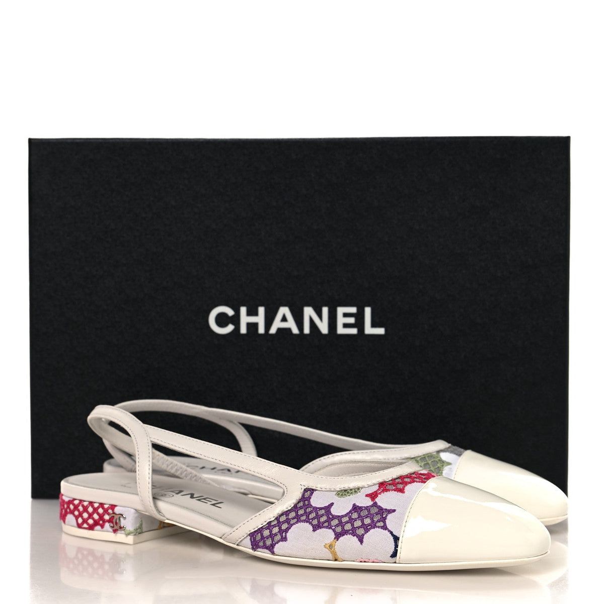 Cotton Guipure Patent Embroidered Floral Cap Toe CC Slingback Flats 37 White Multicolor