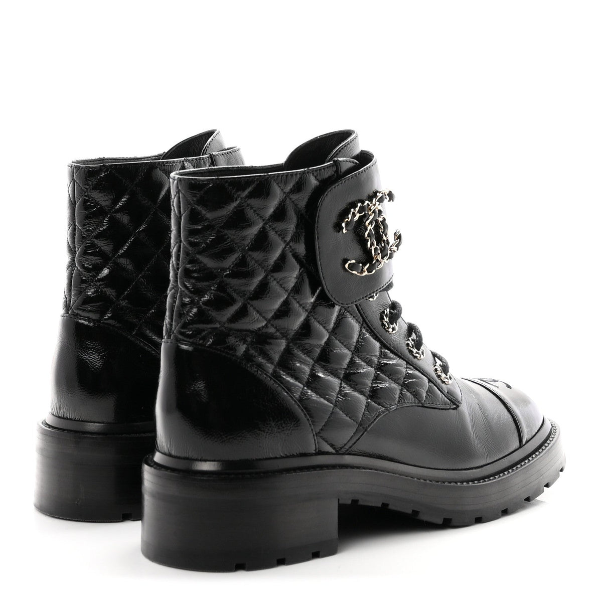 Shiny Calfskin Quilted Lace Up Combat Boots 40.5 Black