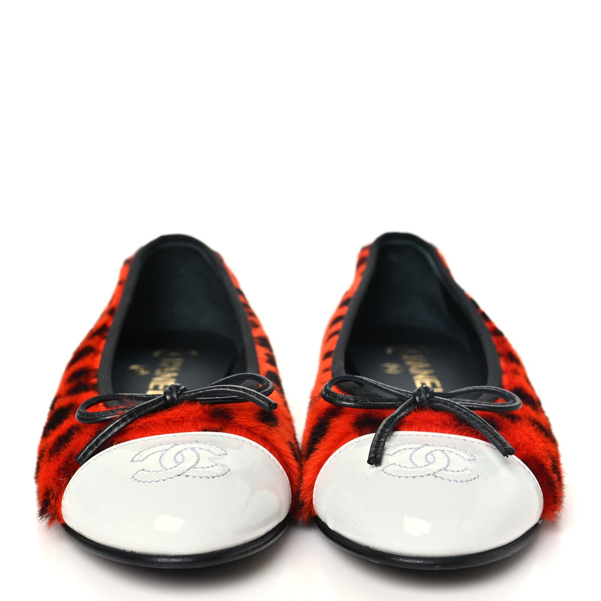 Pony Hair Lambskin Patent Calfskin Cap Toe CC Ballerina Flats 36.5 Orange Black White