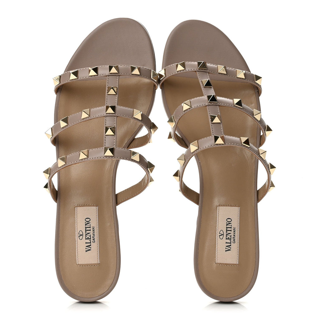 Calfskin Rockstud Caged Flat Slide Sandals 37 Poudre