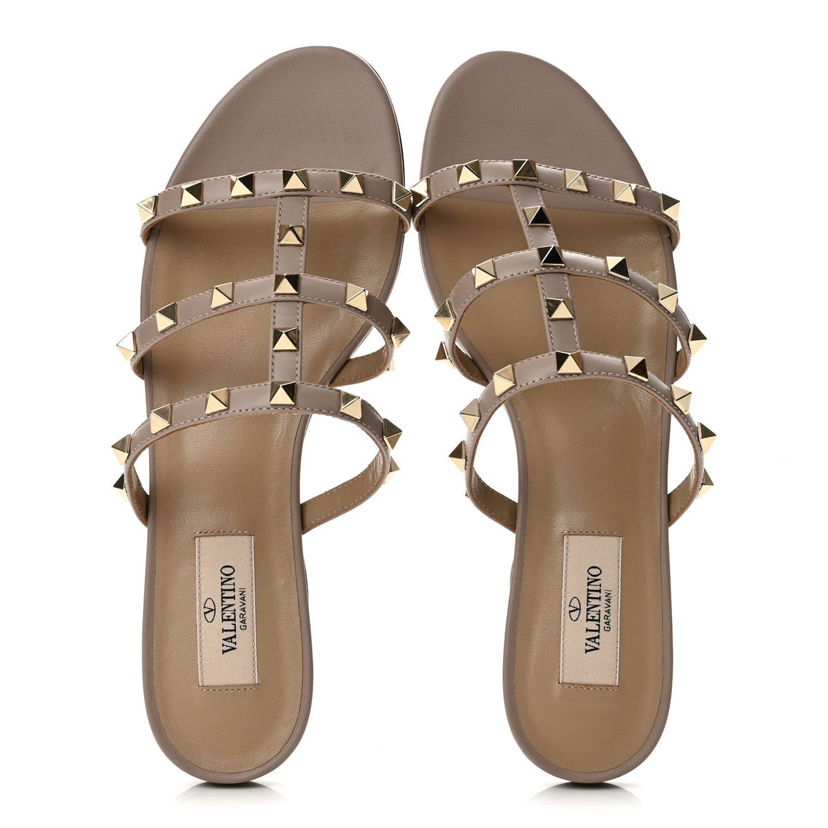 Calfskin Rockstud Caged Flat Slide Sandals 37 Poudre