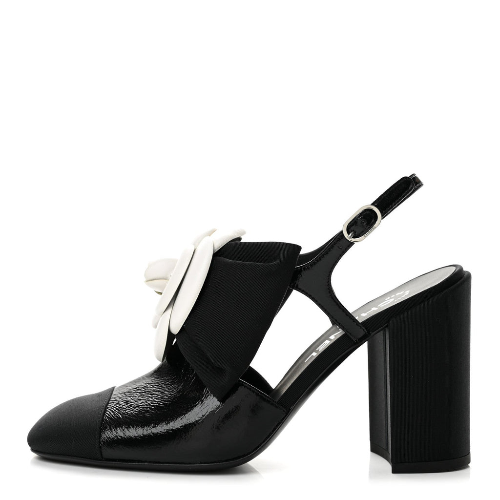 Crumpled Shiny Fabric Grosgrain Cap Toe Camellia Bow Slingback Pumps 37.5 Black