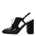 Crumpled Shiny Fabric Grosgrain Cap Toe Camellia Bow Slingback Pumps 37.5 Black