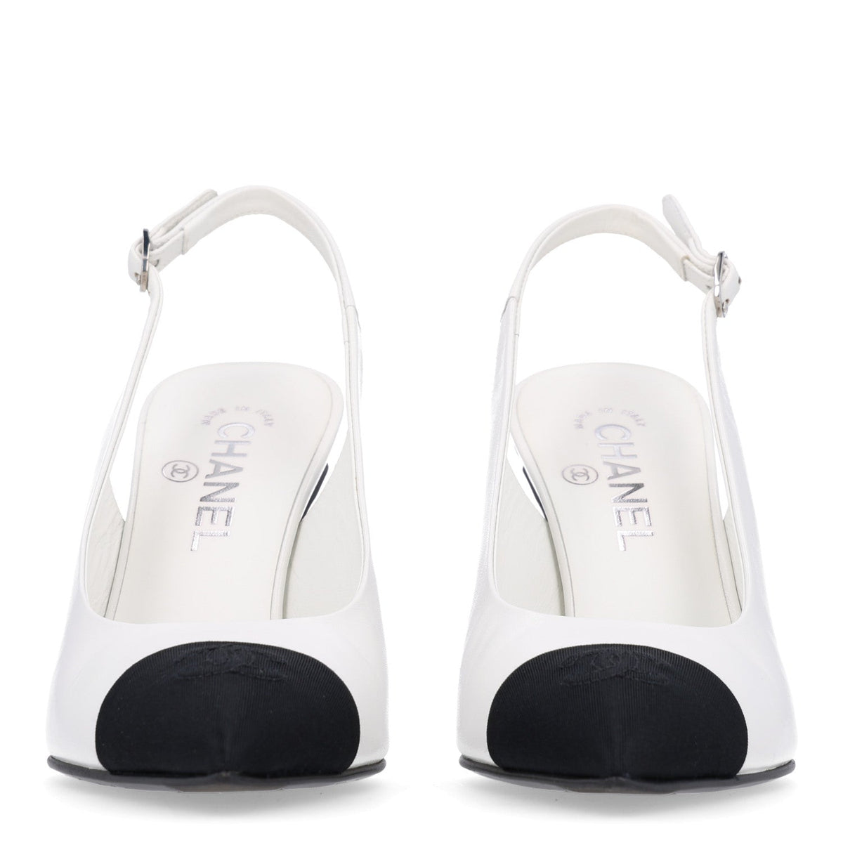 Goatskin Grosgrain Pointed Cap Toe CC Slingback Pumps 38.5 White Black