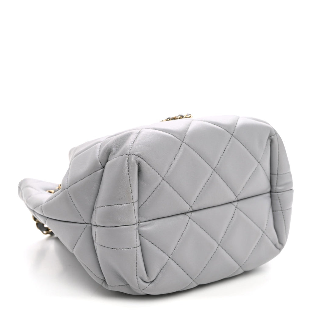 Lambskin Quilted CC Dweller Drawstring Bucket Bag Light Grey