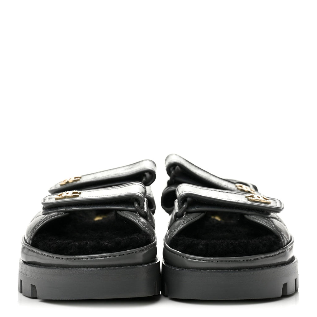 Laminated Lambskin Shearling Crystal CC Velcro Dad Platform Sandals 36 Dark Grey Black