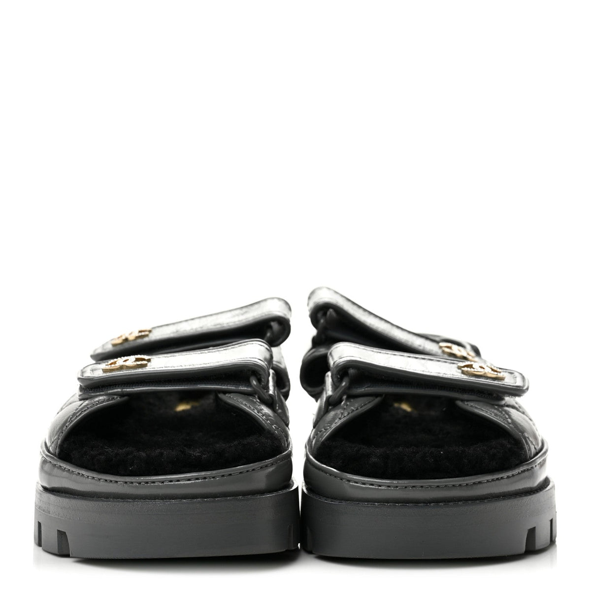 Laminated Lambskin Shearling Crystal CC Velcro Dad Platform Sandals 36 Dark Grey Black