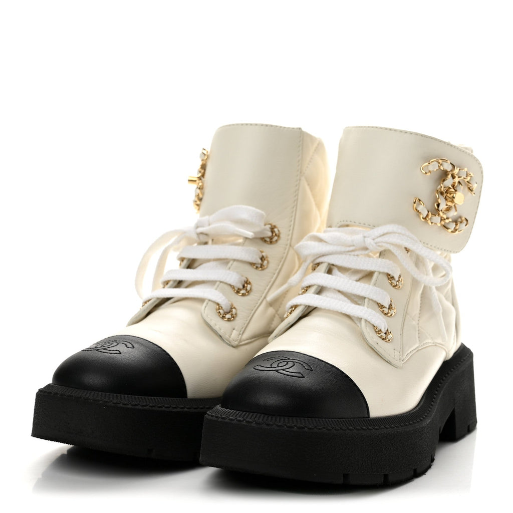 Lambskin Calfskin Quilted Lace Up Combat Boots 36.5 White Black